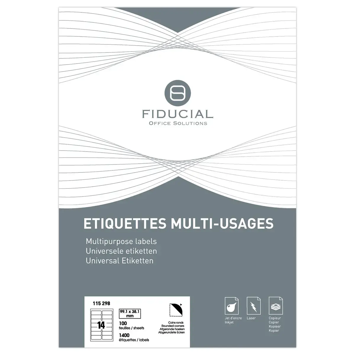 100 Planches d'&eacute;tiquettes FIDUCIAL coins ronds 99,1 x38,1mm 1400 &eacute;tiq/bte 