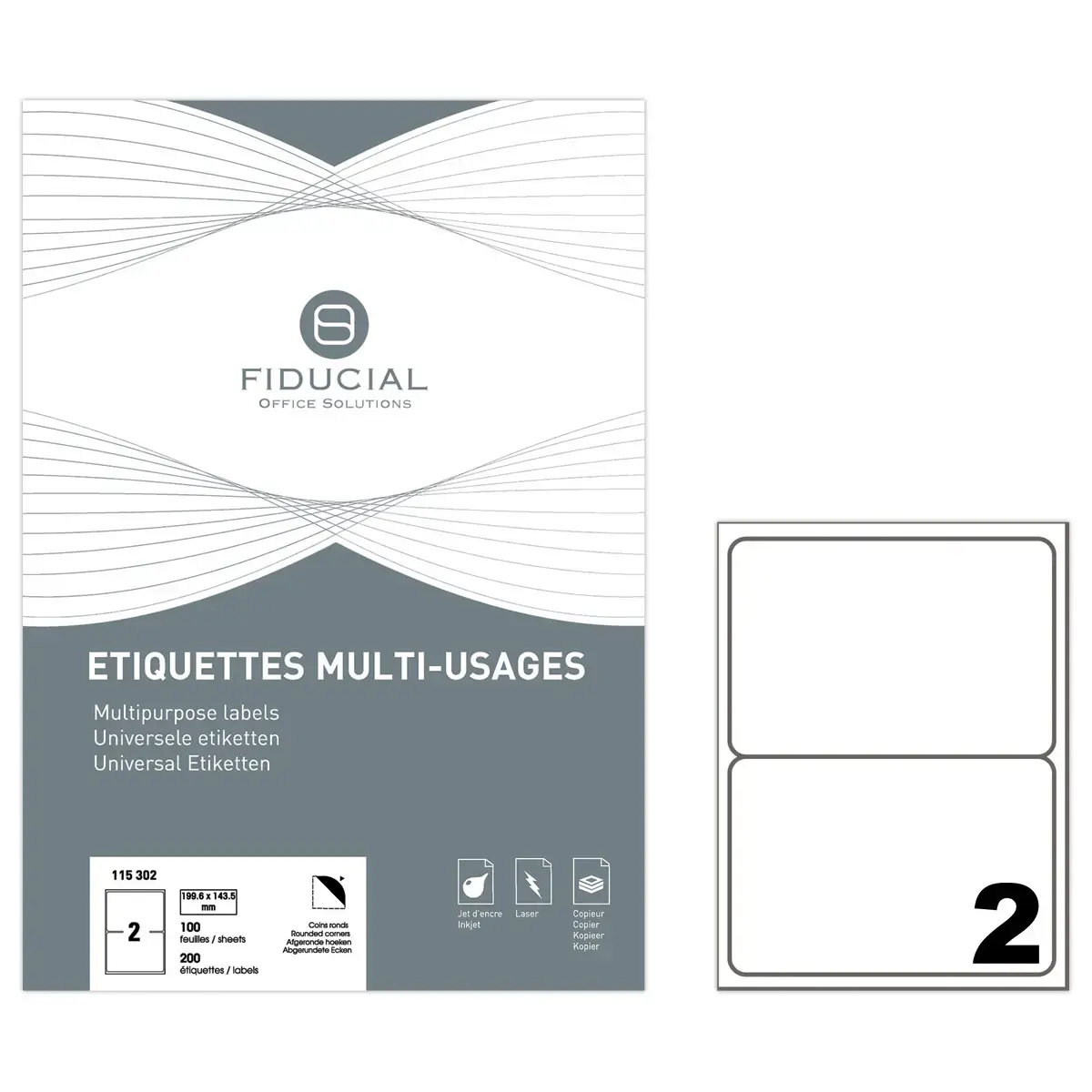 100 Etiquettes &agrave; coins ronds - 199,6 x 143,5mm - 1 bo&icirc;te de 100 planches - Fiducial 