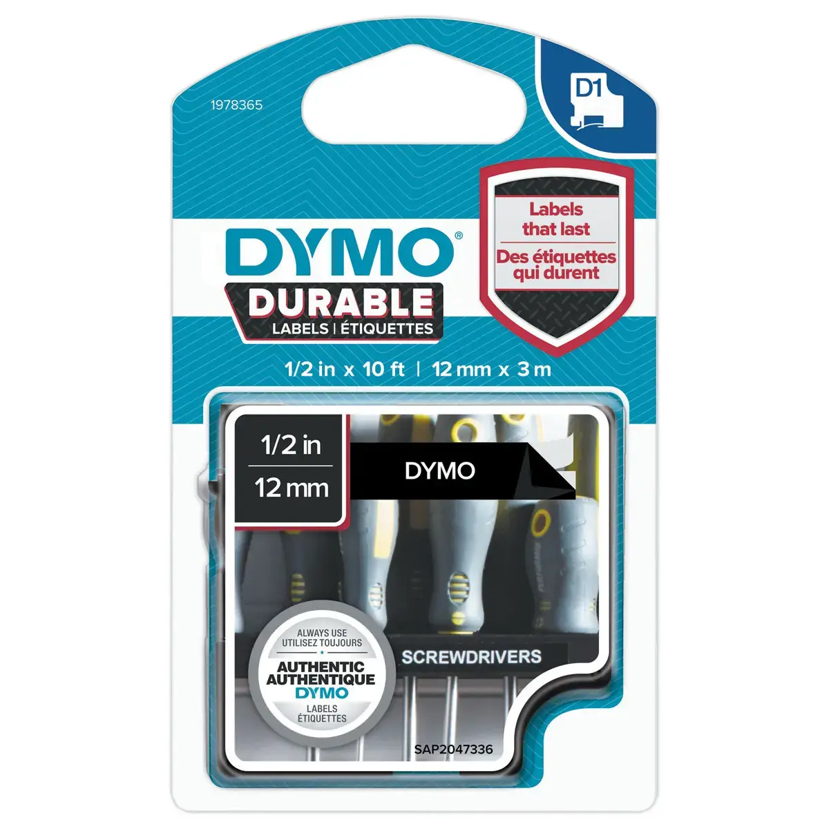 Ruban D1 Durable - Texte blanc sur fond noir - 12 mm x 3 m - Dymo