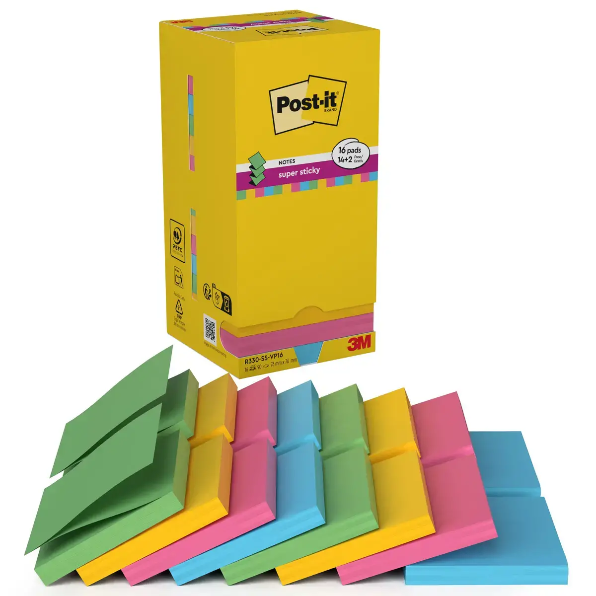 16 Blocs-notes repositionnables Z-Notes Super Sticky 7,6 x 7,6 cm assortis - Post-It