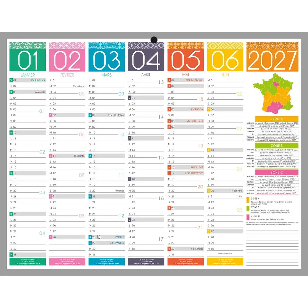 Calendrier banque 2027 Tendance 12 mois -26,5x21 cm - Janvier &agrave; d&eacute;cembre - BOUCHUT GRANDREMY 