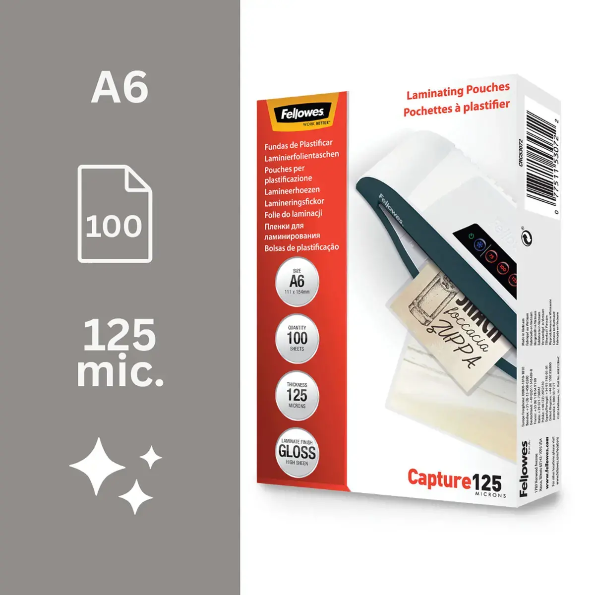 100 Pochettes de plastification brillantes - A6 - 125 &micro; - Fellowes 