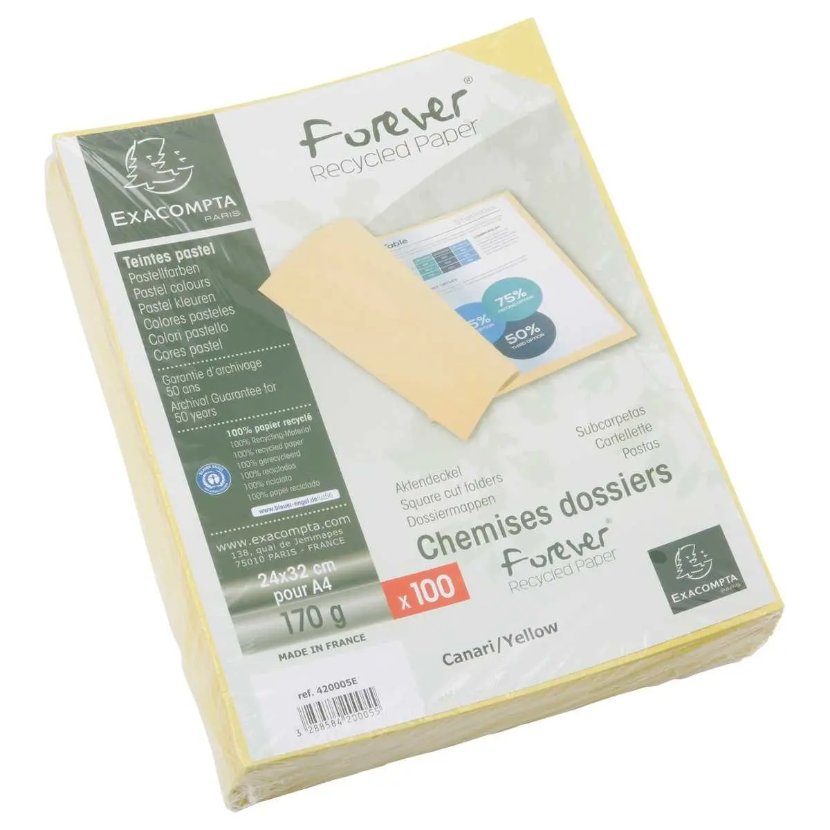 100 Chemises de rangement Forever 170 - Jaune - EXACOMPTA