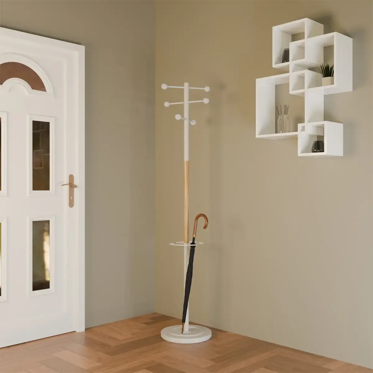 Portemanteau ACCES - 6 patères - Blanc / hêtre - UNILUX