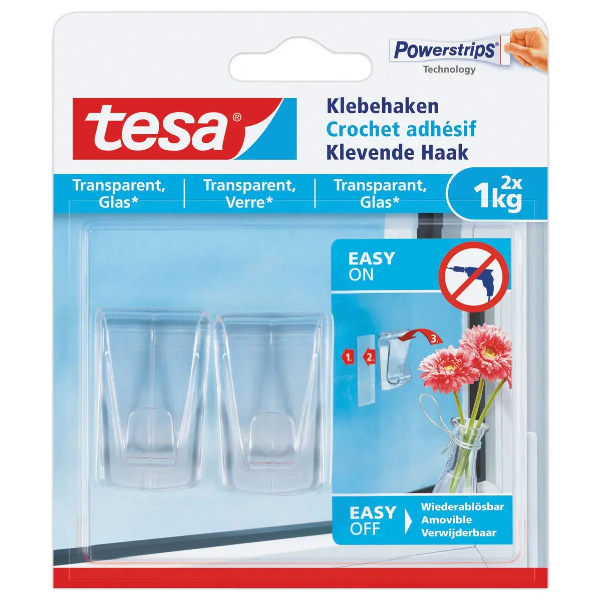 2 Crochets adhésifs pour surfaces transparentes 1 kg - Étui de 2 - TESA