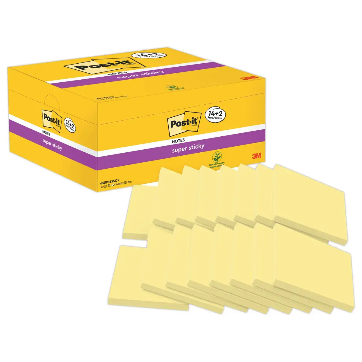 16 notes repositonnables Super Sticky 76x127 mm jaune- 2 offerts 