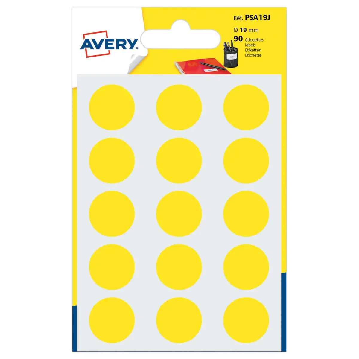 Pastilles gommettes rondes jaunes 1.9 cm - &eacute;tui de 90 - Avery 