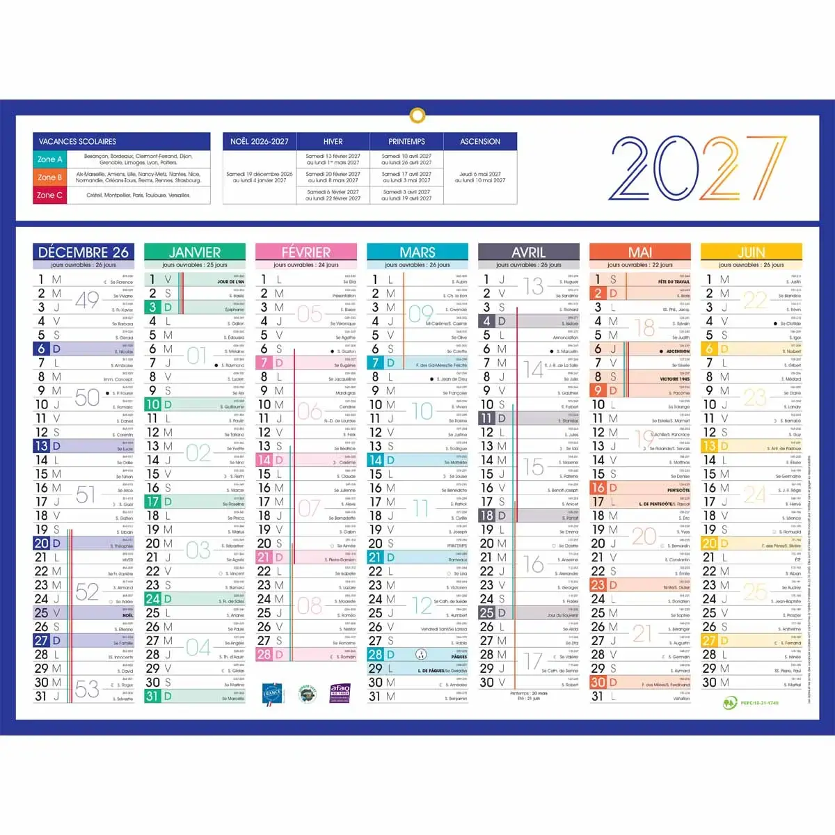 Calendrier 2027 banque Couleurs 14 mois - 42x32 cm - Janvier à décembre