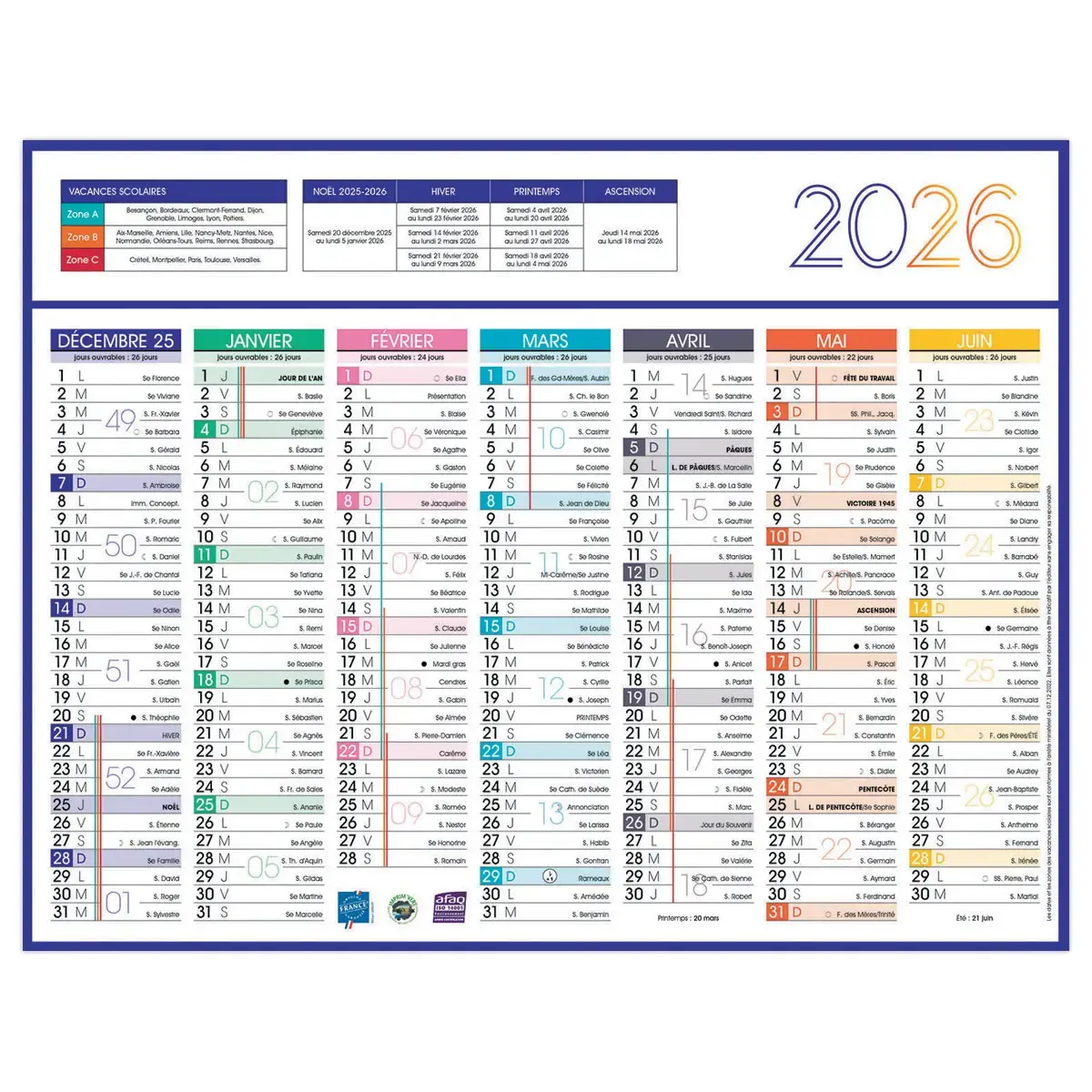 Calendrier 2027 banque Couleurs 14 mois - 27x21cm - Janvier à décembre
