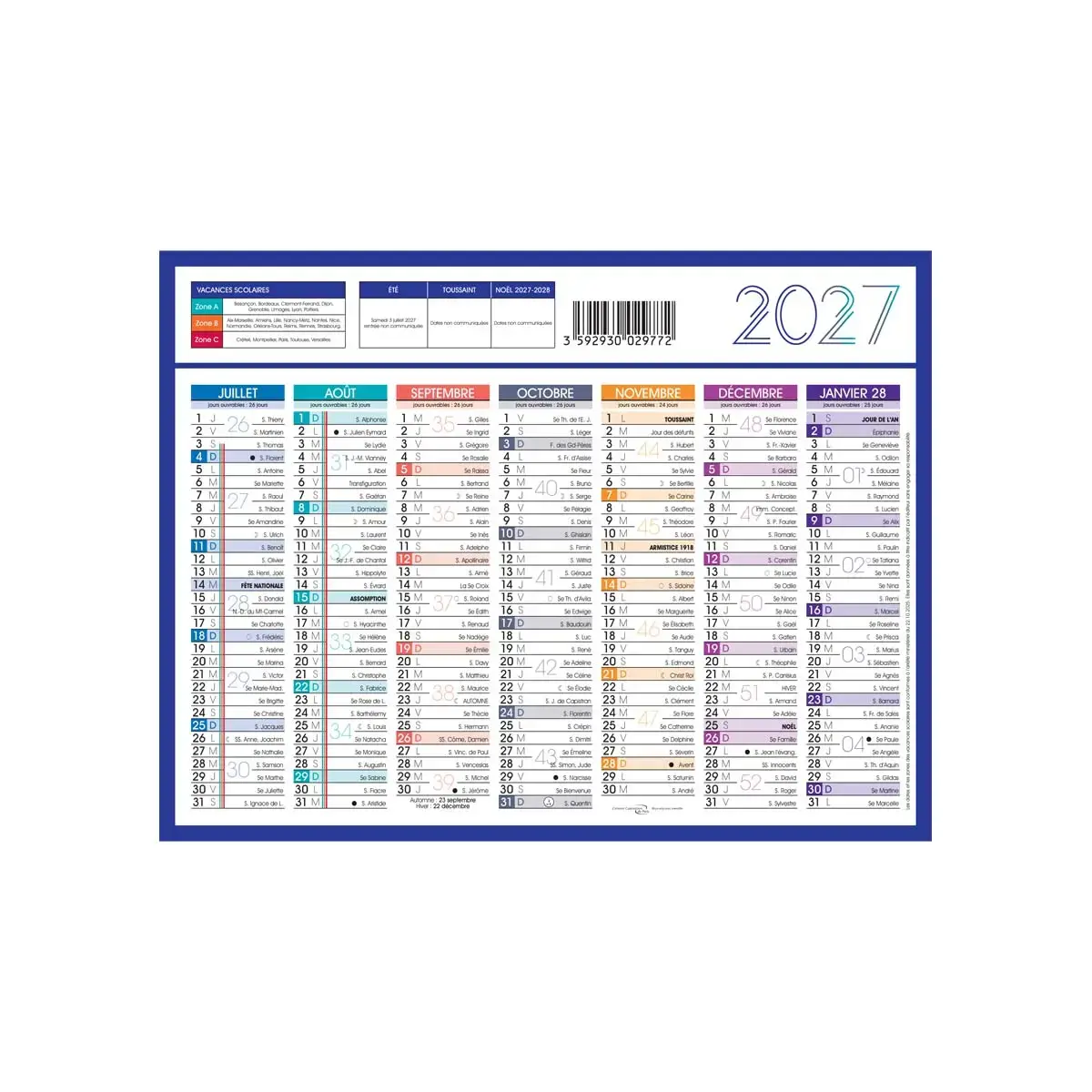 Calendrier 2027 banque Couleurs 14 mois - 27x21cm - Janvier à décembre