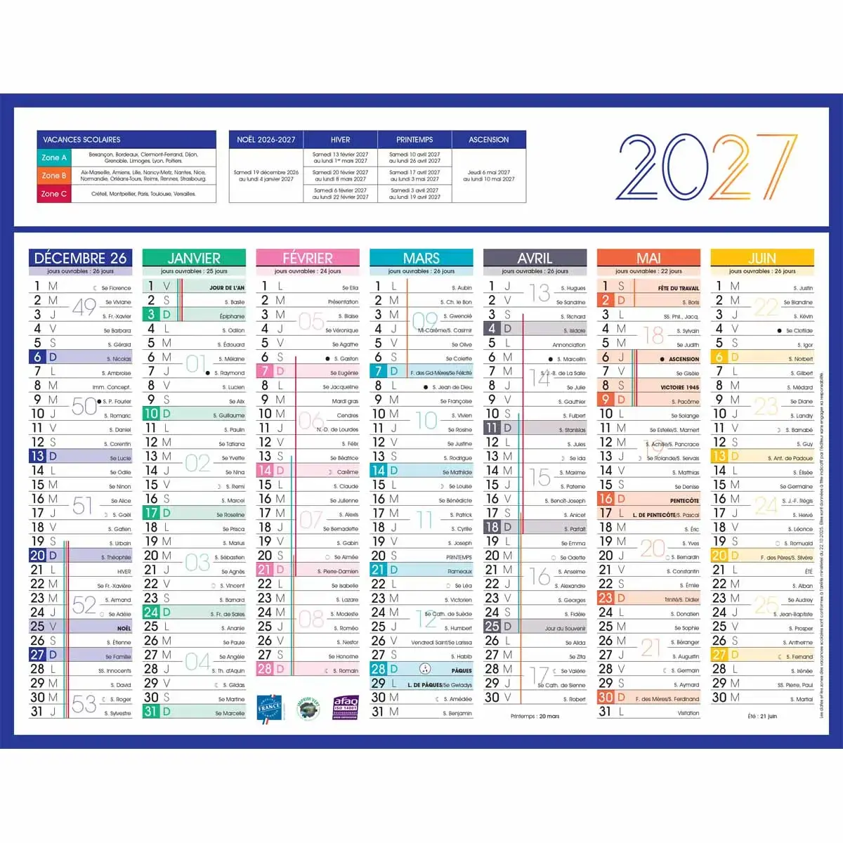 Calendrier 2027 banque Couleurs 14 mois - 27x21cm - Janvier à décembre