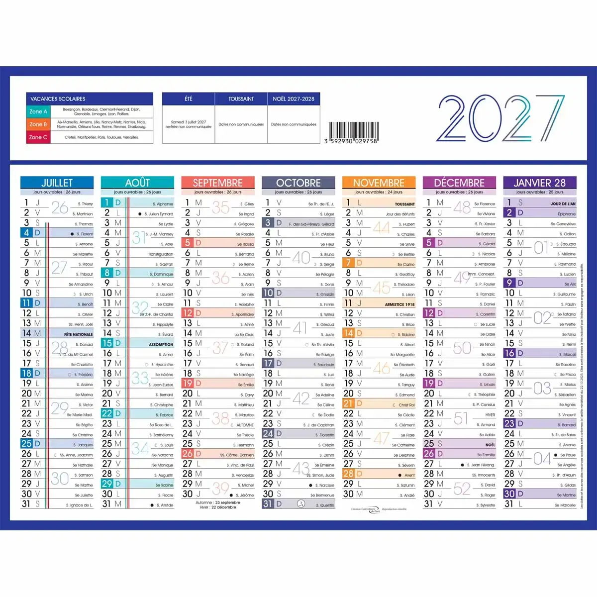 Calendrier 2027 banque Couleurs 14 mois - 27x21cm - Janvier à décembre