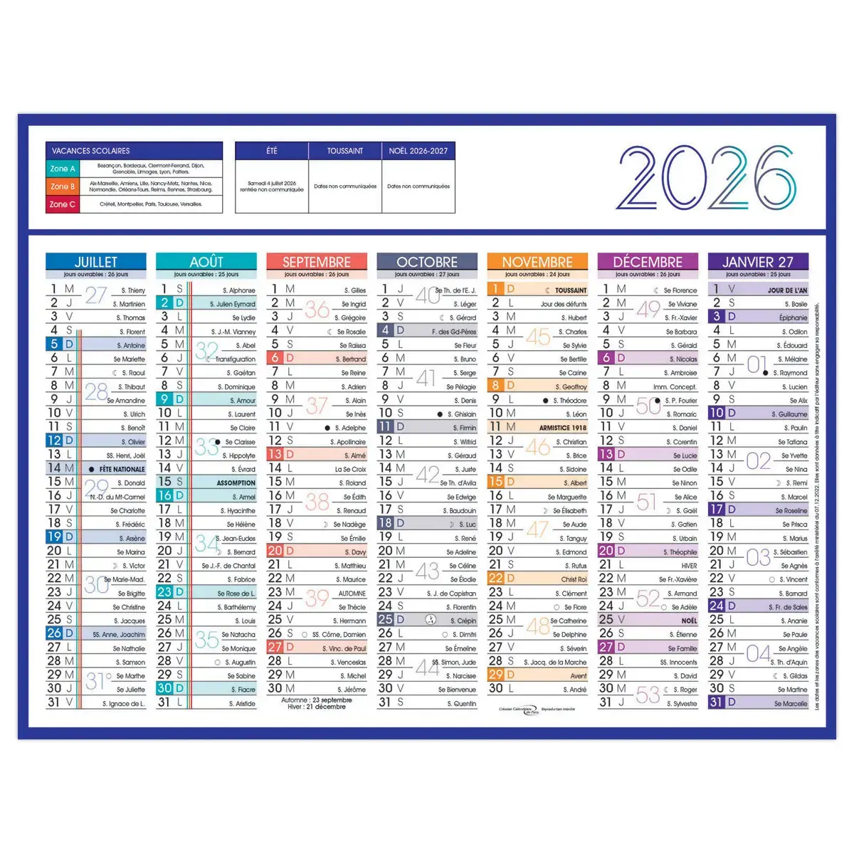 Calendrier 2027 de banque couleurs 14 mois Janvier à Décembre - 17 x 13 cm