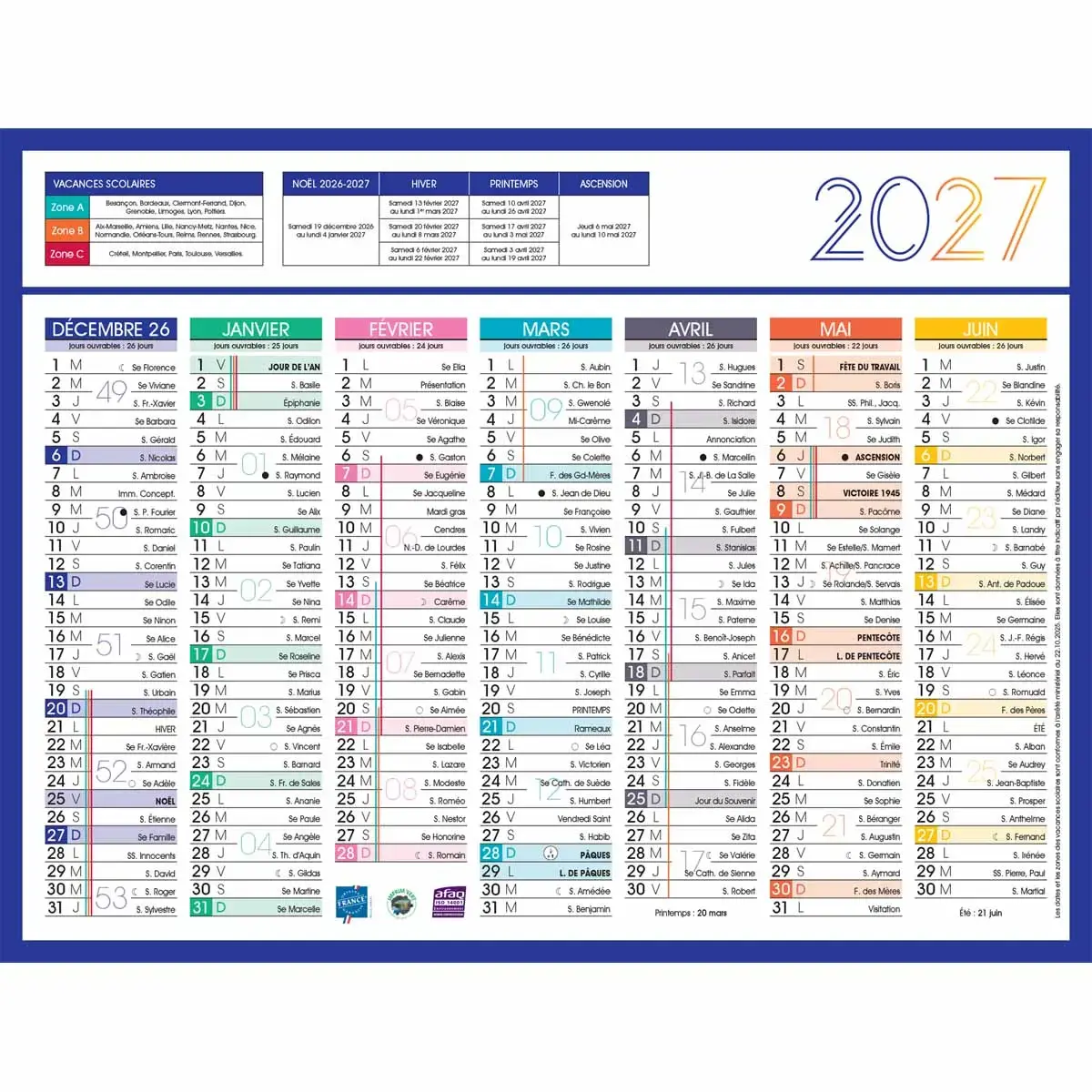 Calendrier 2027 de banque couleurs 14 mois Janvier à Décembre - 17 x 13 cm