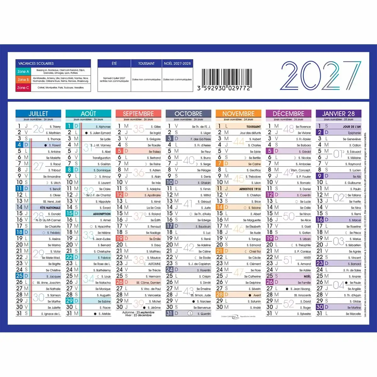 Calendrier 2027 de banque couleurs 14 mois Janvier à Décembre - 17 x 13 cm