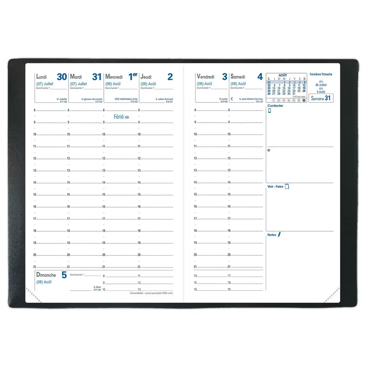 Agenda semainier - Planning Universitaire - 10x15 cm - Noir - Aout à Août - QUO VADIS