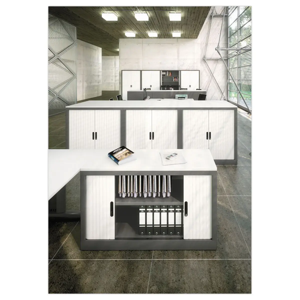 Armoire basse à rideaux métalliques - 100 x 100 cm - Alu / blanc
