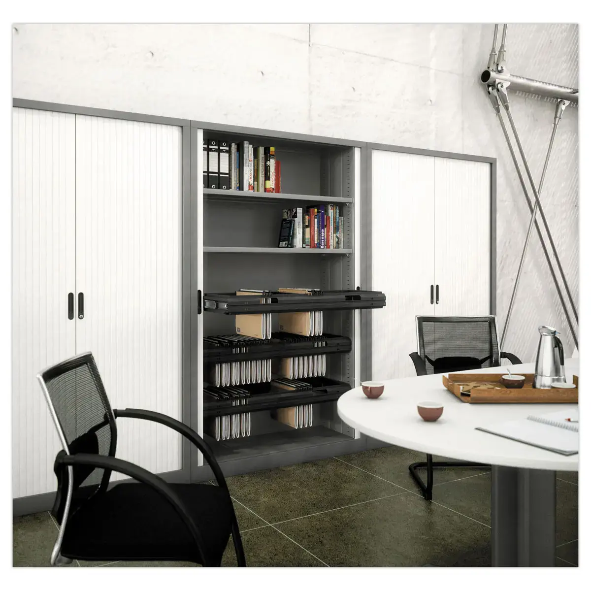 Armoire haute &agrave; rideaux - 198 x 120 cm - Alu et blanc 