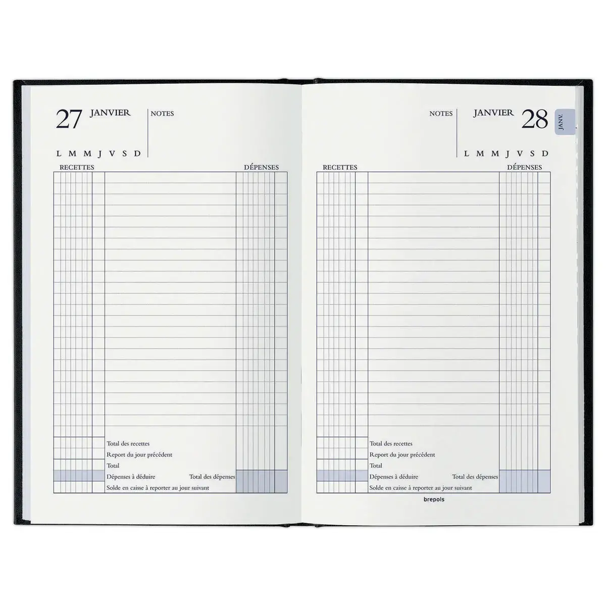 Agenda journalier perp&eacute;tuel pour recettes et d&eacute;penses - Janvier &agrave; d&eacute;cembre - 13 x 20,8 cm - Noir - BREPOLS 