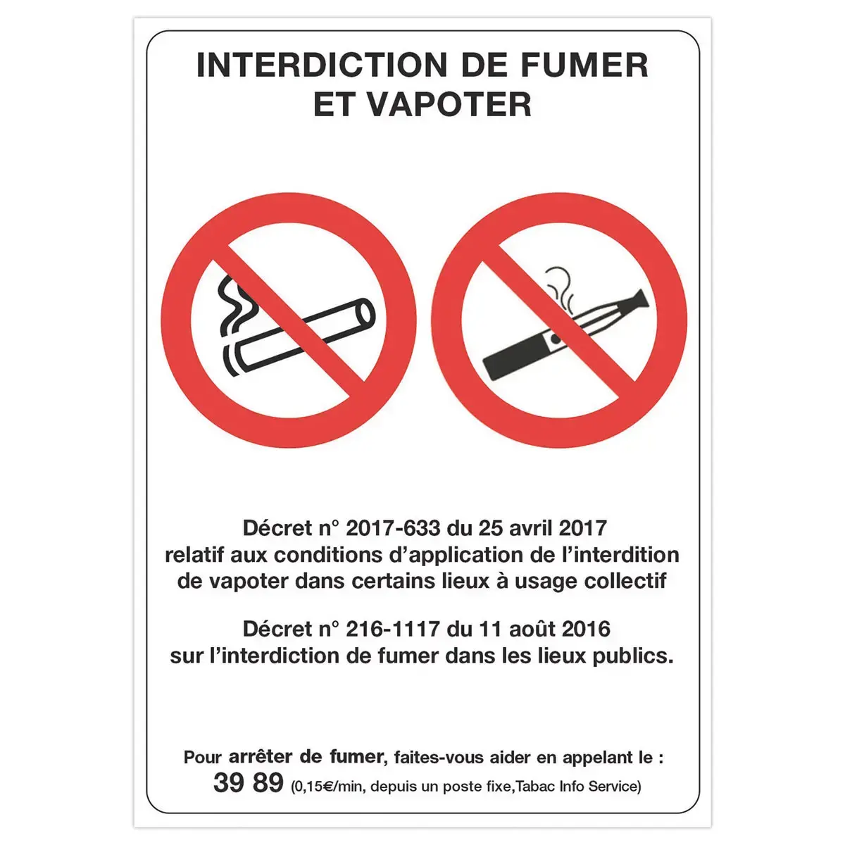 Plaque de signalisation - « Interdiction de fumer et vapoter »