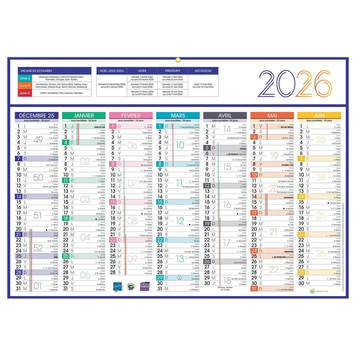 5 Calendriers de banque 14 mois - 54x38,5 cm