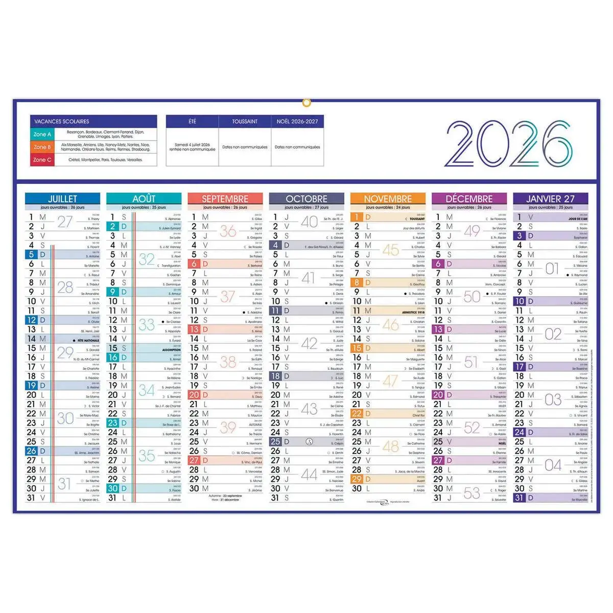5 Calendriers de banque 14 mois - 54x38,5 cm