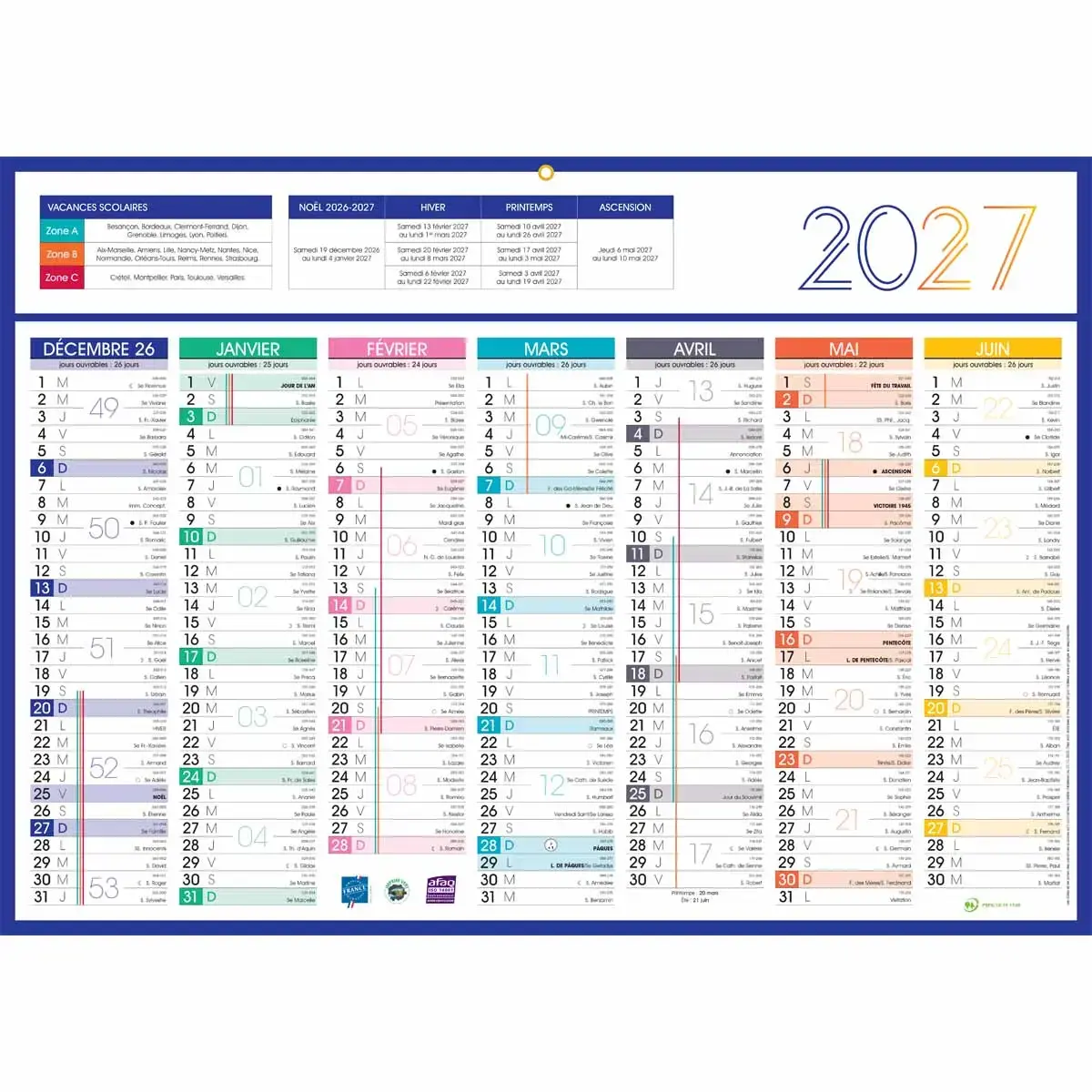 5 Calendriers de banque 14 mois - 54x38,5 cm