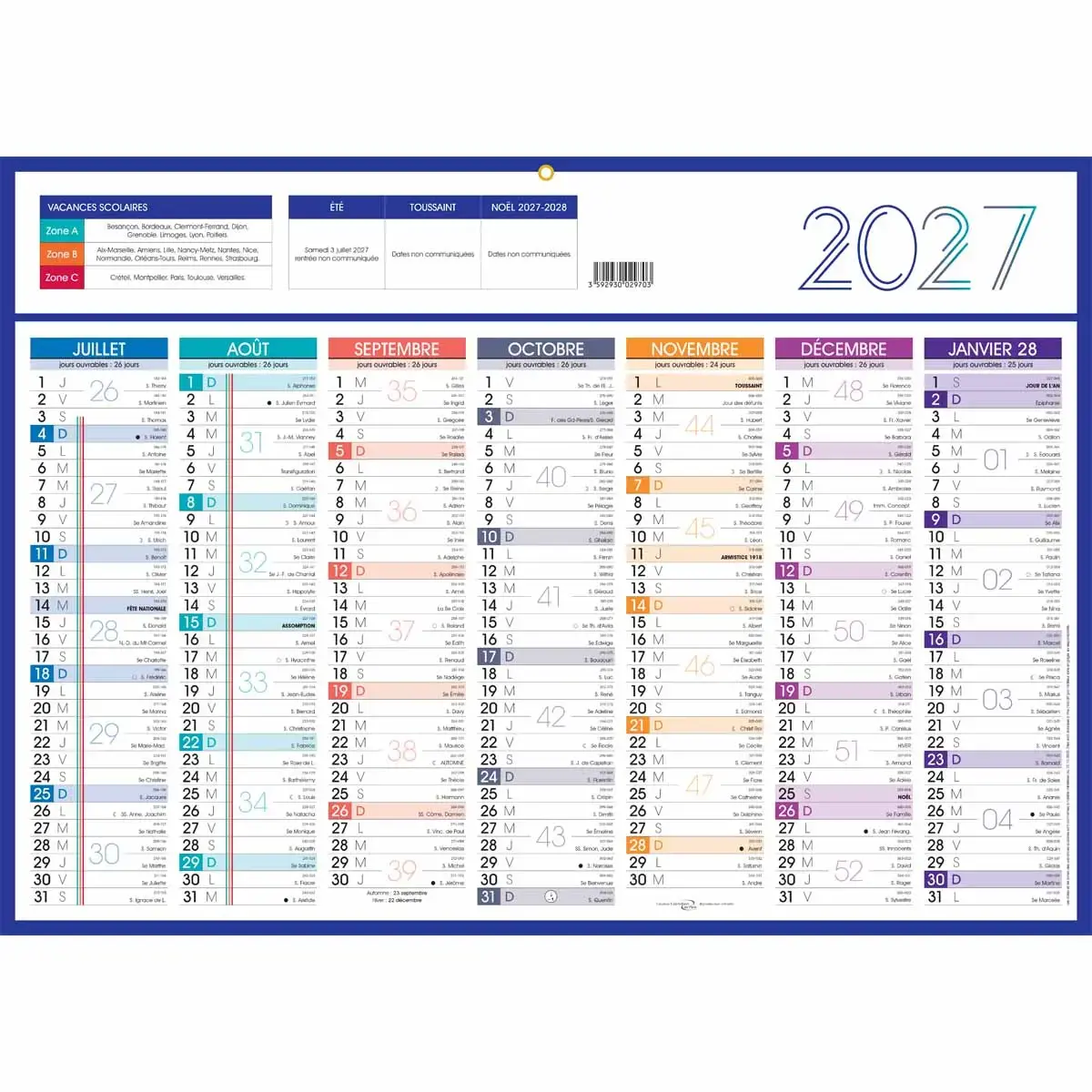 5 Calendriers de banque 14 mois - 54x38,5 cm