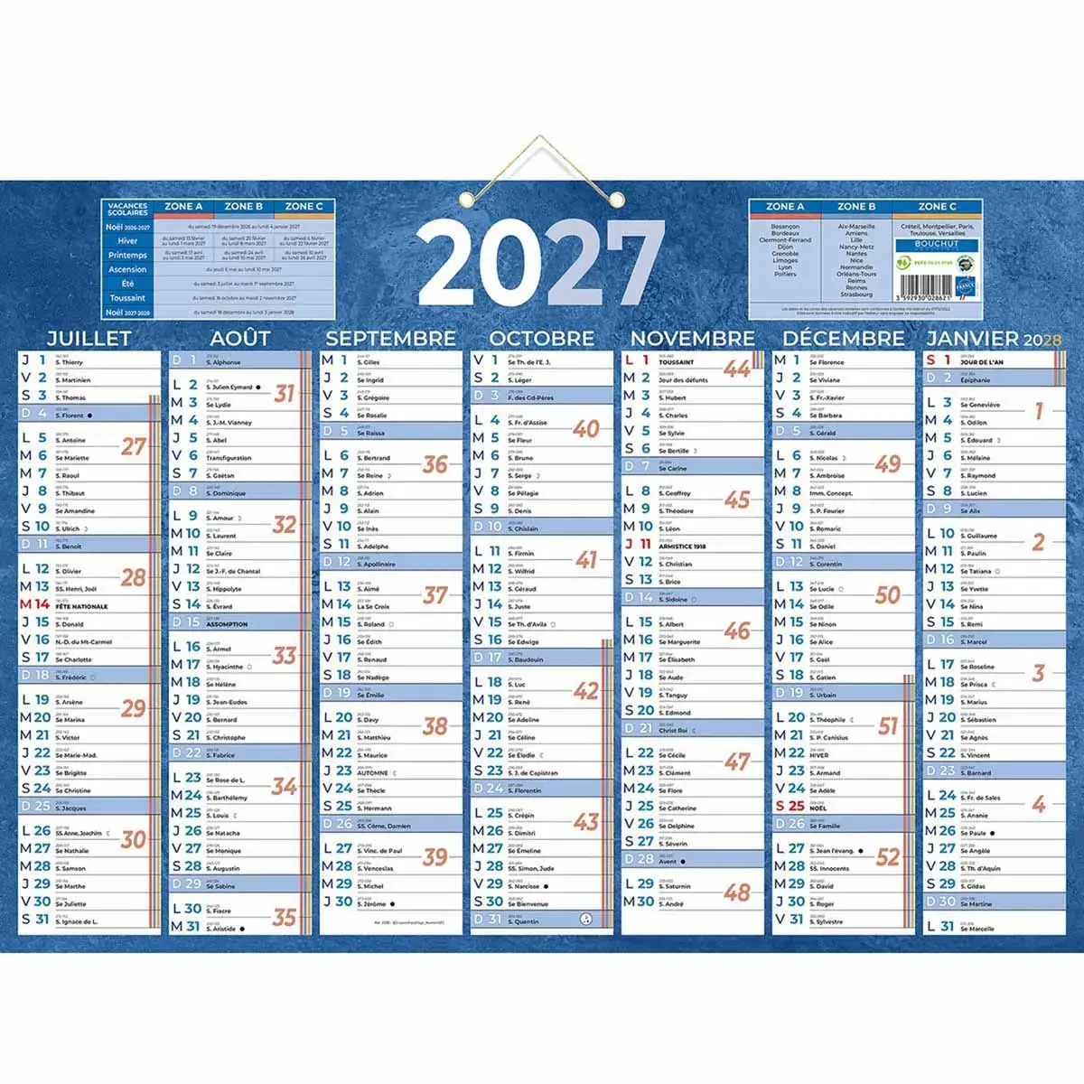 5 Calendriers banque Bleu 13 mois - 54x38,5 cm - BOUCHUT GRANDREMY 