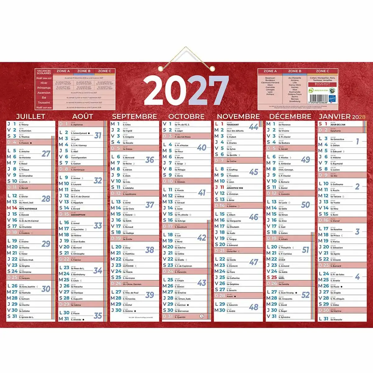 5 Calendriers banque - Rouge - 13 mois - 54x38,5 cm - Janvier &agrave; d&eacute;cembre - BOUCHUT GRANDREMY 