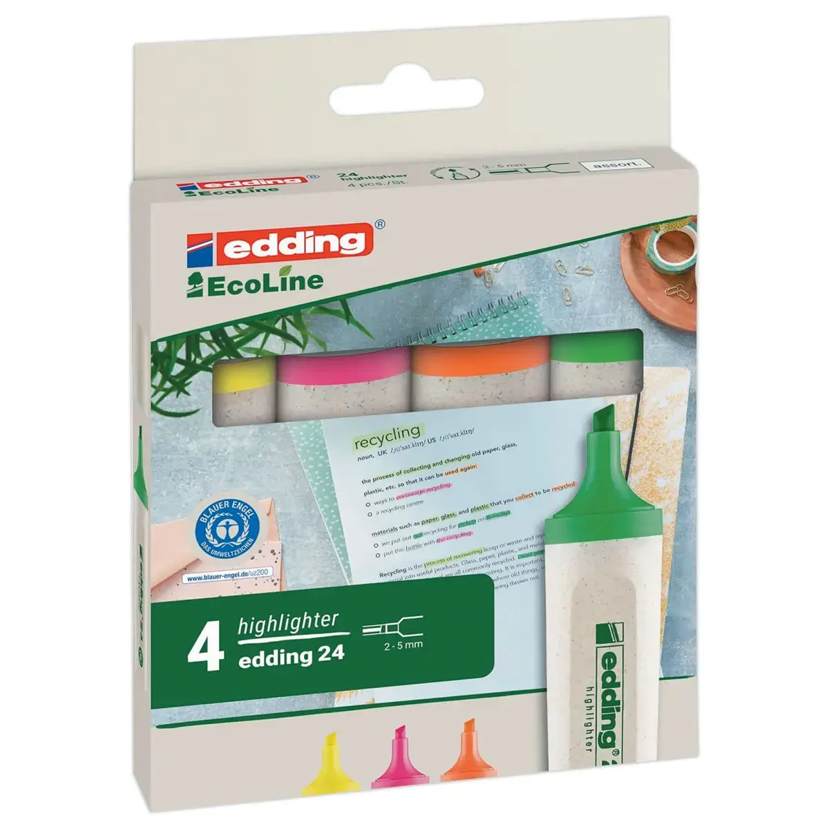 4 Surligneurs  pointe large - ECOLINE E24 - EDDING 