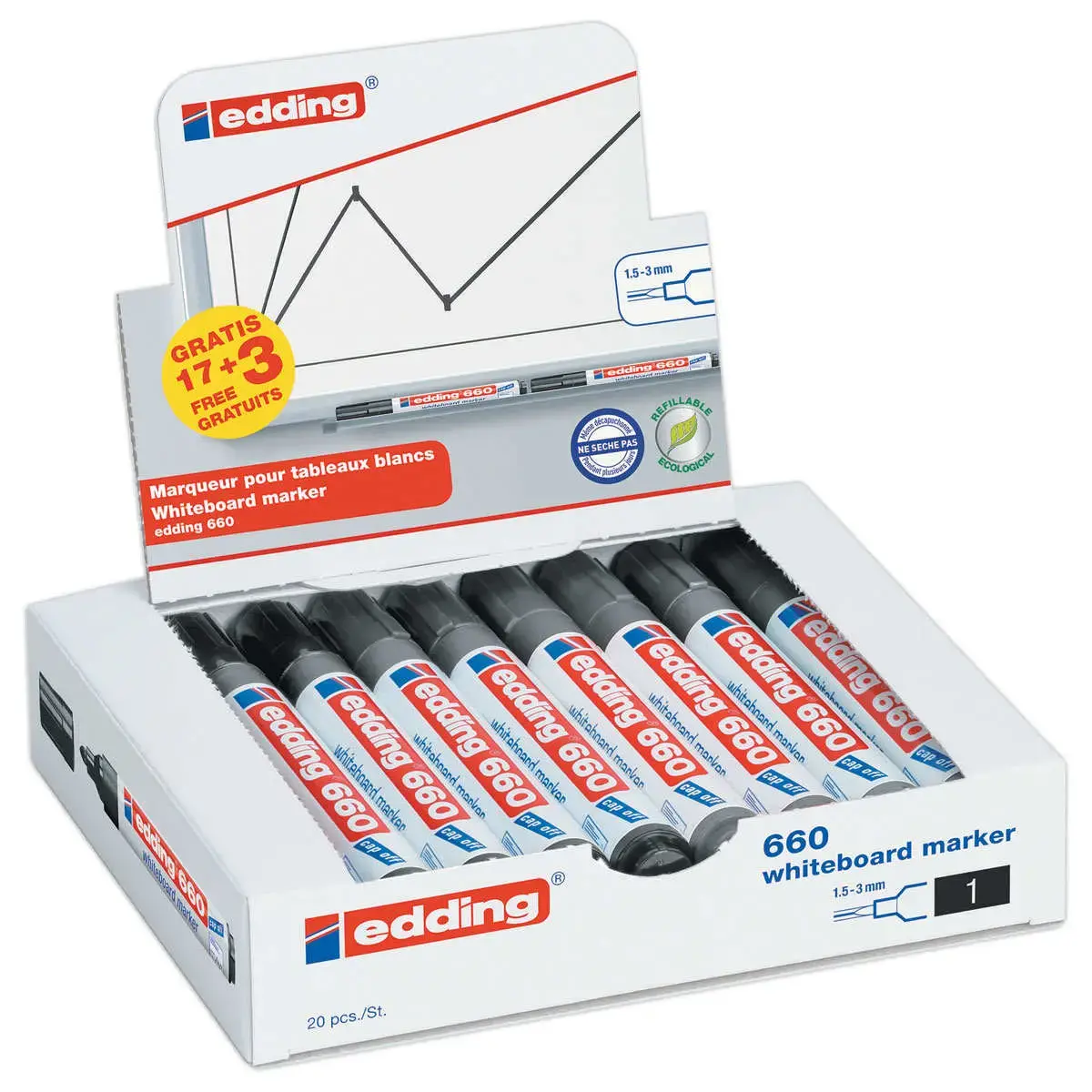 20 Marqueurs 660 (17+3 offerts) - Pointe ogive pour tableaux blancs - EDDING