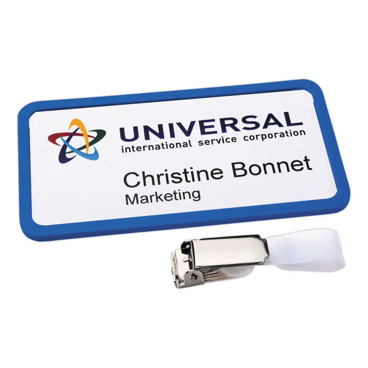 20 Badges Office bleu avec clip de suspension métal - 37 x 75 mm