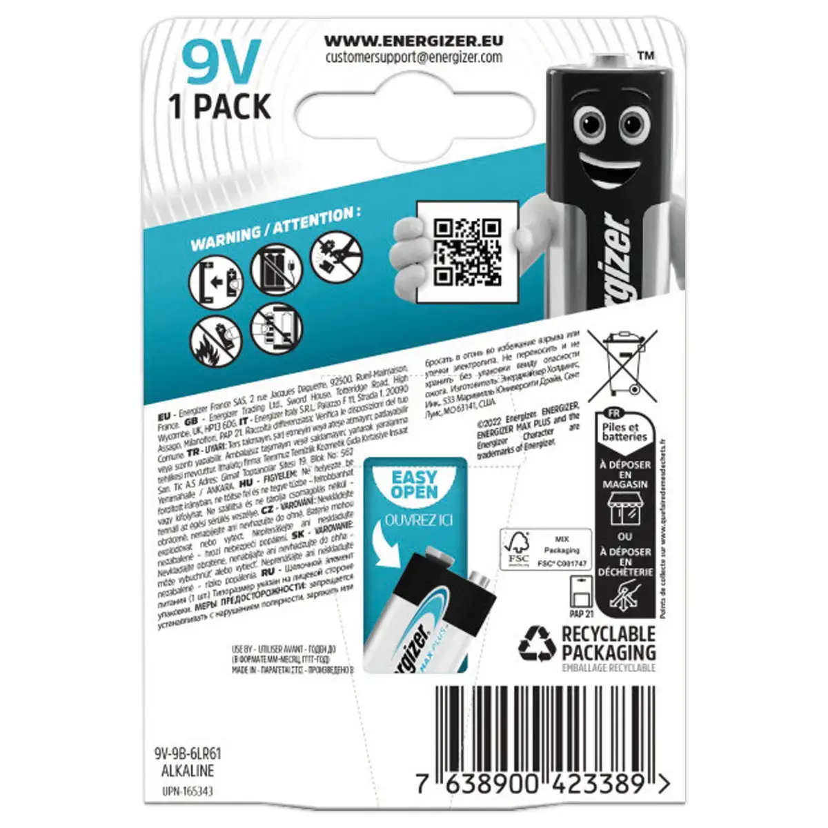 Pile alcaline Max Plus 6LR61- 9V - ENERGIZER 