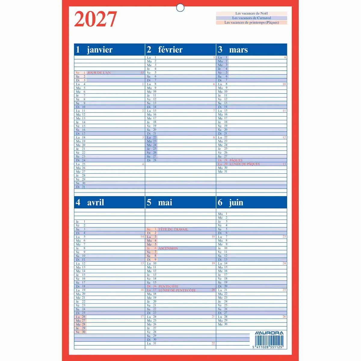 Calendrier Memento 21x33 cm - BE - Janvier à décembre - AURORA