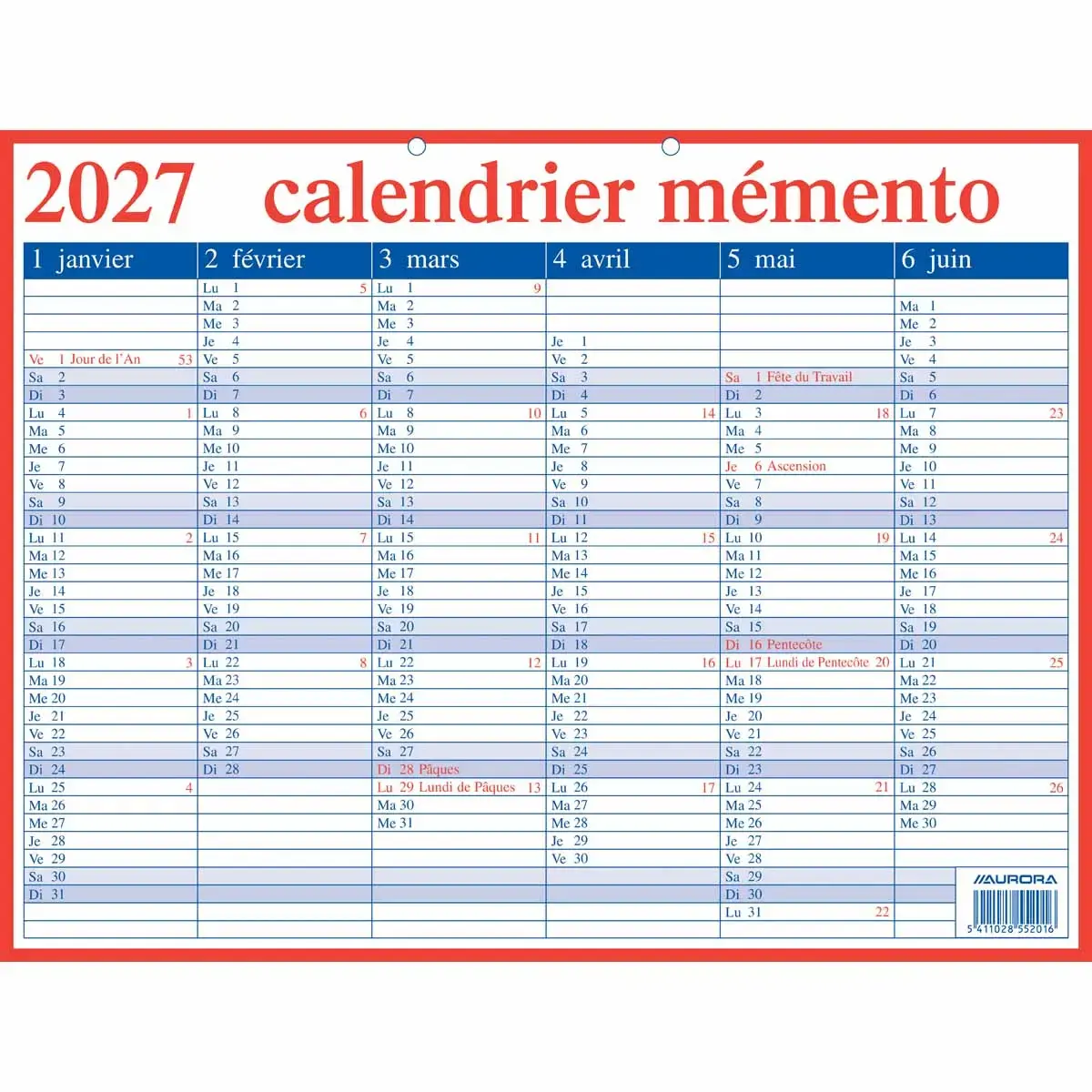 Calendrier Memento 42x33 cm - BE - Janvier à décembre - AURORA