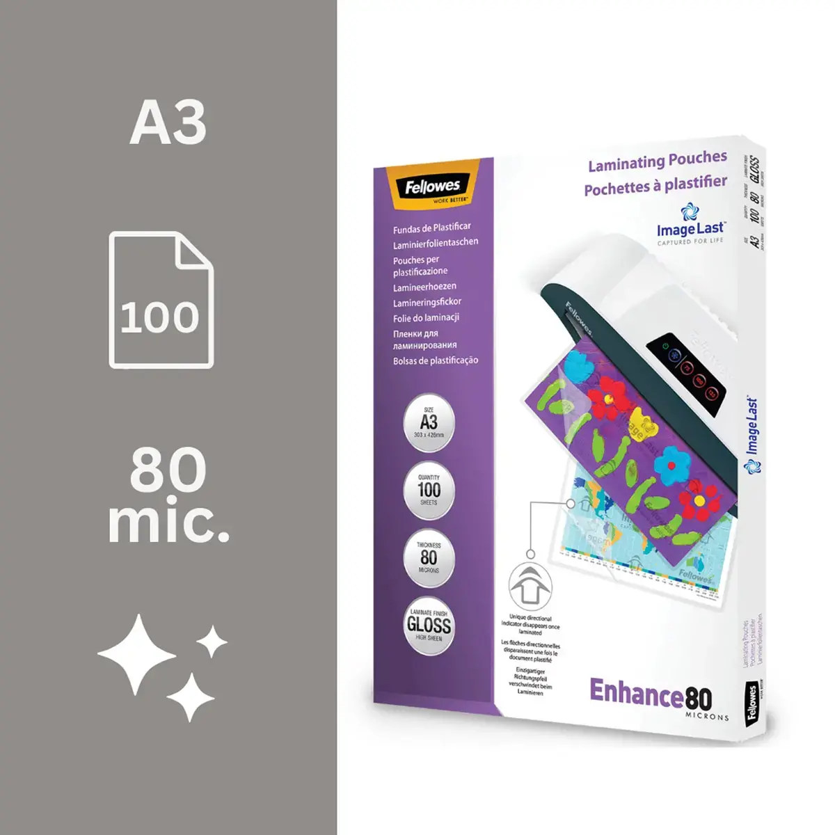100 Pochettes de plastification ImageLast brillantes - A3 - 80&micro; - Fellowes 