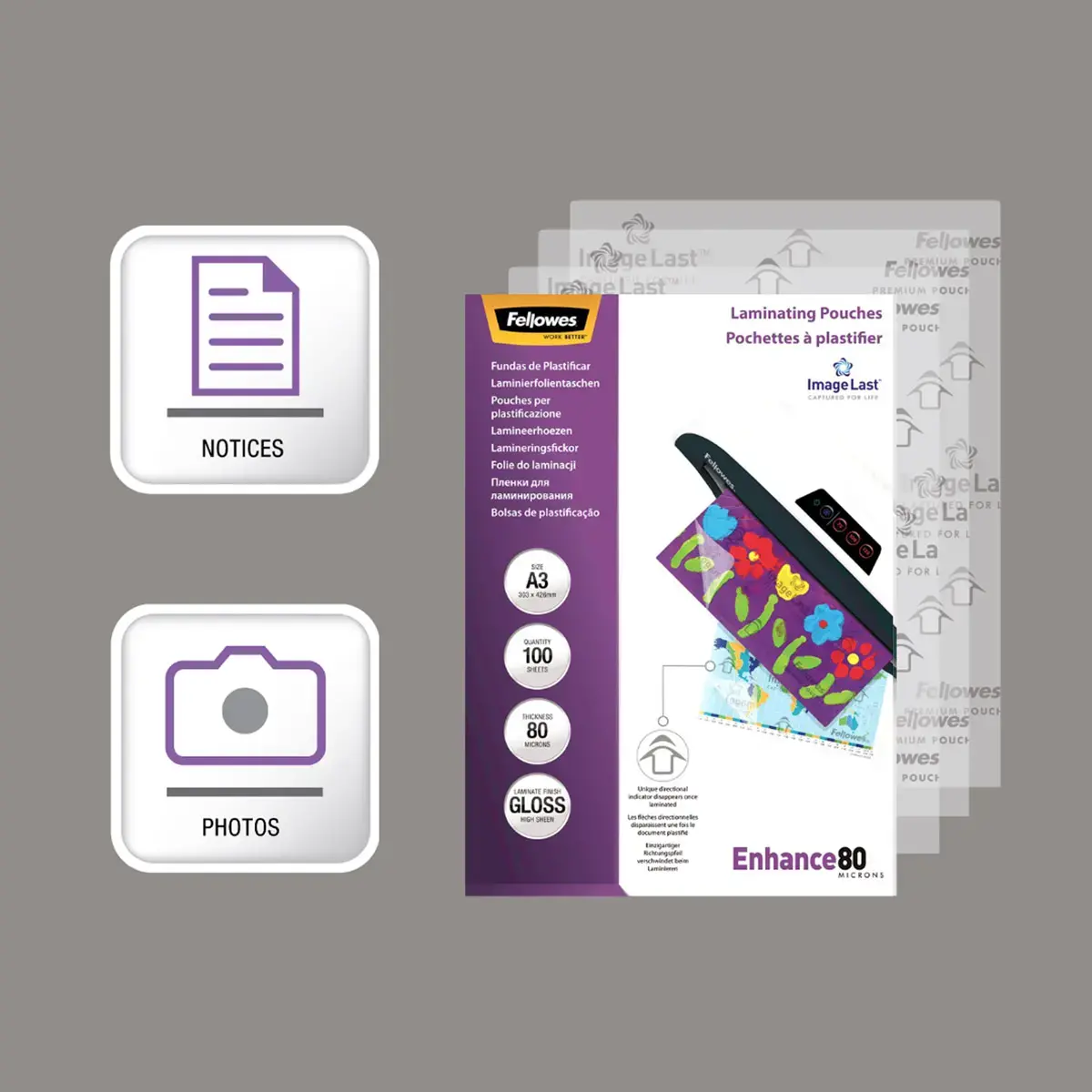 100 Pochettes de plastification ImageLast brillantes - A3 - 80&micro; - Fellowes 