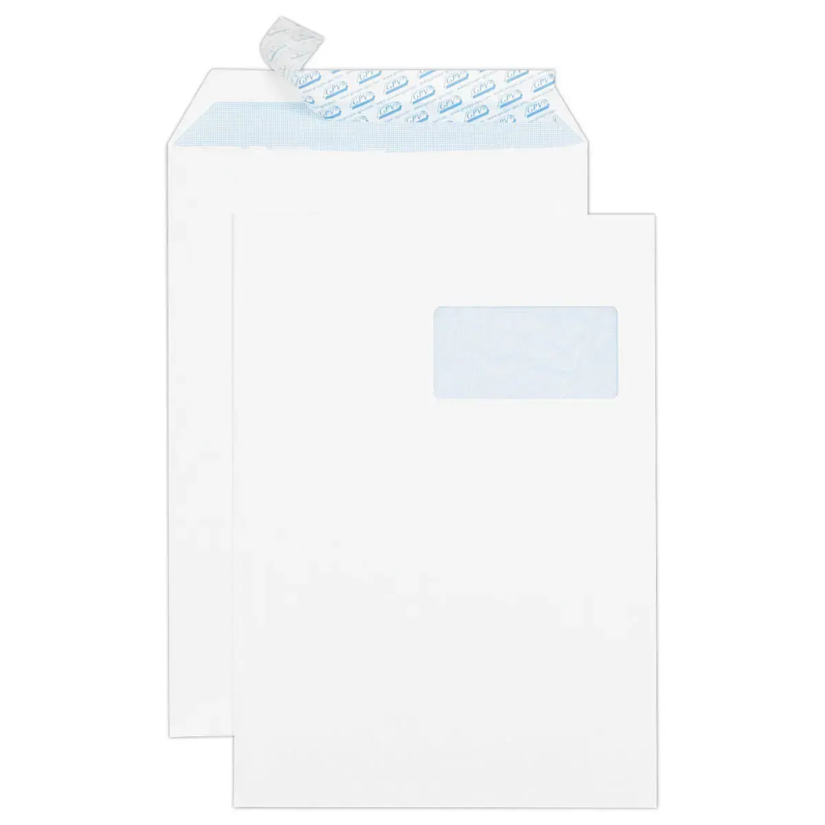 50 Pochettes blanches bande siliconée 229x324 mm avec fenêtre 50x100 90g