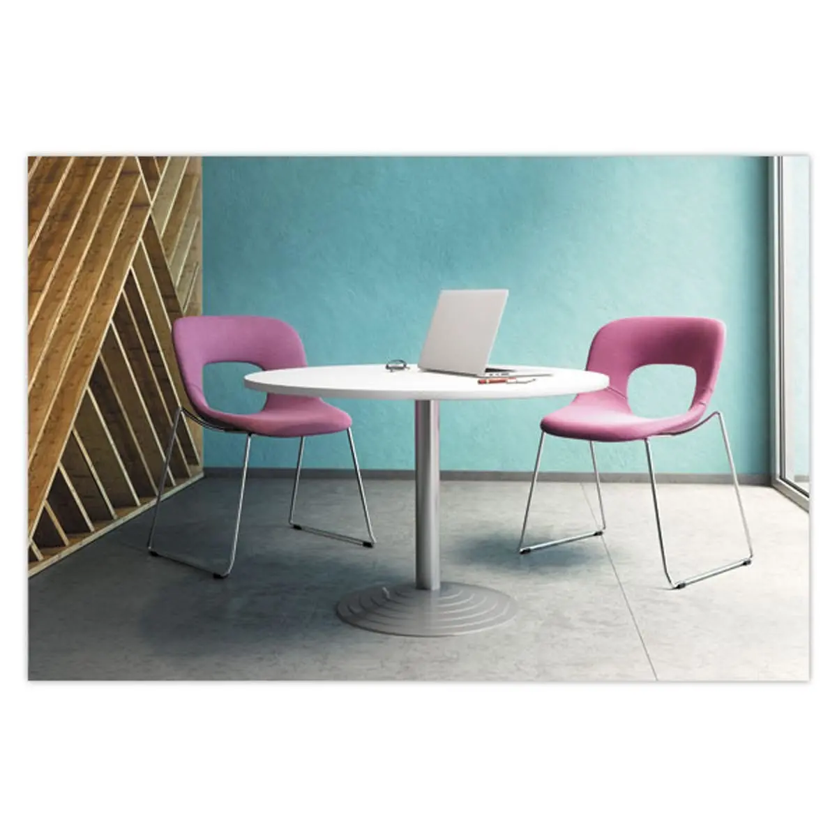 Table ronde diam 116 cm plateau blanc pied argent pied tulipe