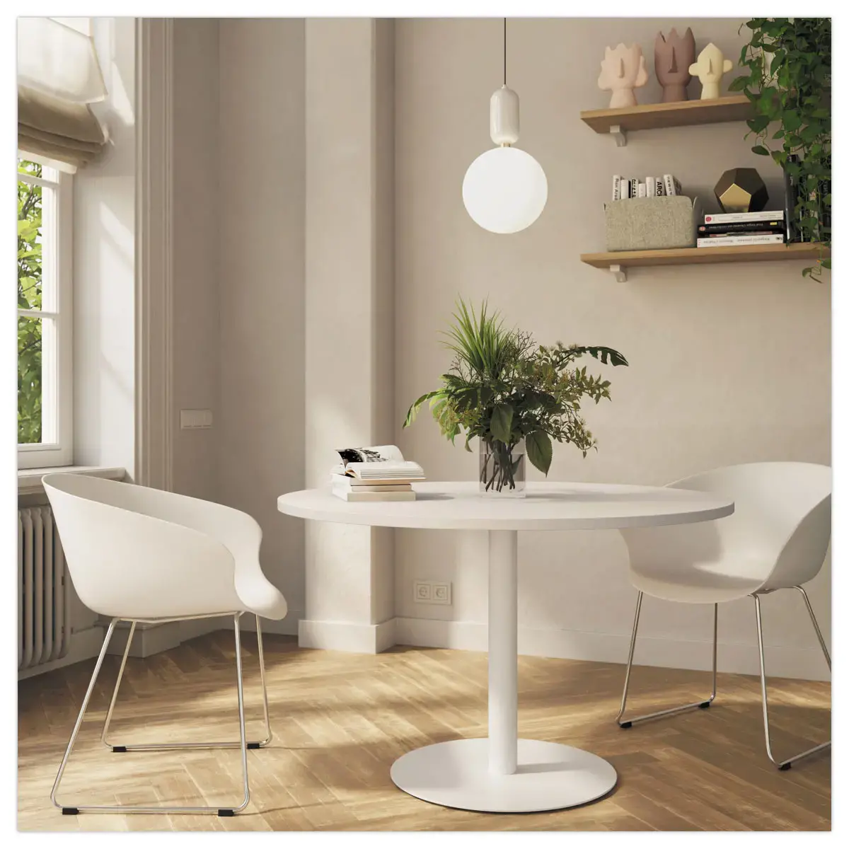 Table ronde diam 116 cm plateau blanc pied blanc pied tulipe