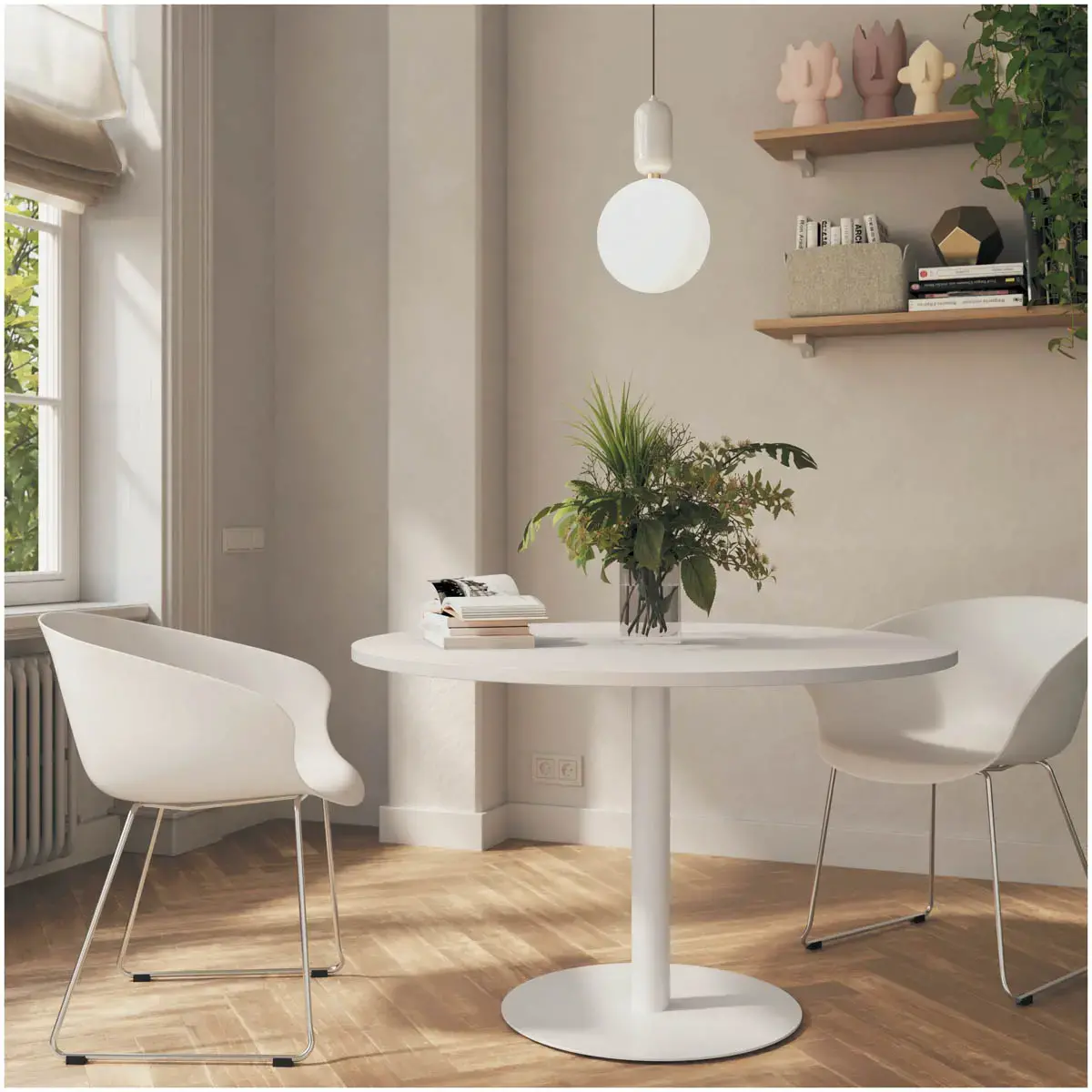 Table ronde diam 116 cm plateau noyer pied blanc pied tulipe 
