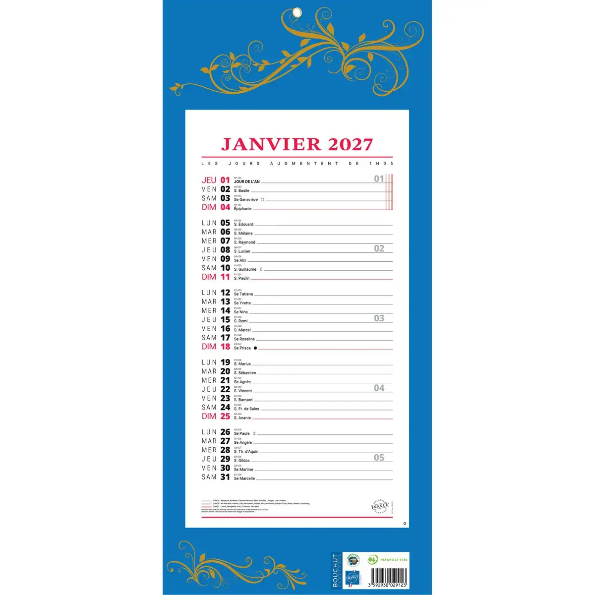 Calendrier mensuel à effeuiller - 19x42cm - Bleu - Janvier à décembre - BOUCHUT GRANDREMY