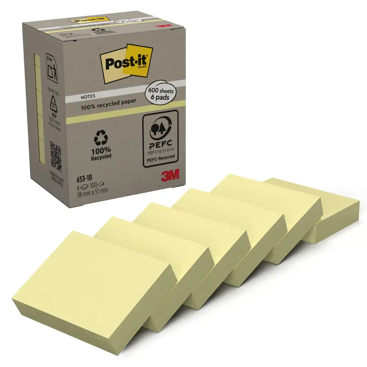 6 Blocs de notes repositionnables recycl&eacute;es - 3,8 x 5,1 cm - Jaune - POST-IT 