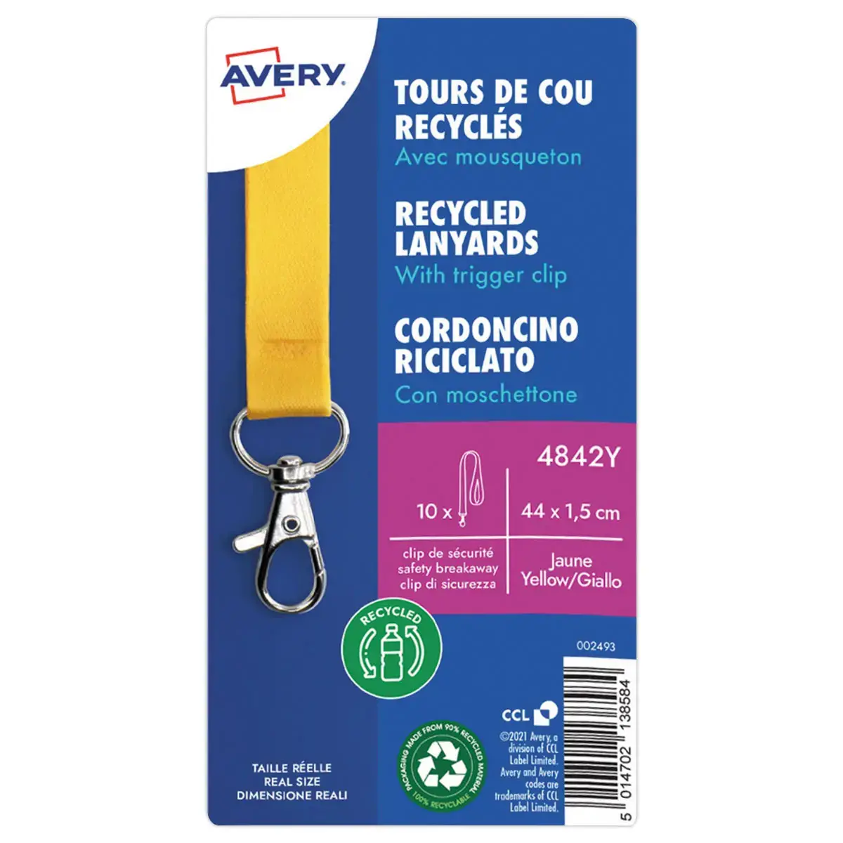 10 Tours de cou recyclés - Avec mousqueton - Jaune - Avery