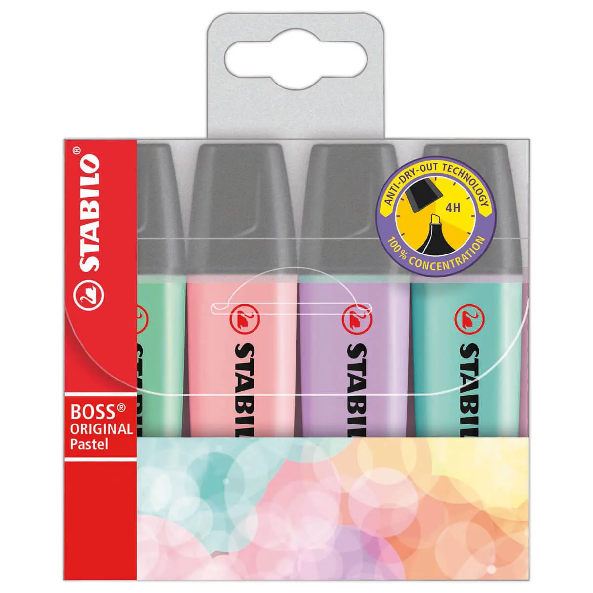 4 Surligneurs BOSS ORIGINAL Pastel - Pointe biseautée - Menthe / Lilas / Rose / Turquoise - STABILO