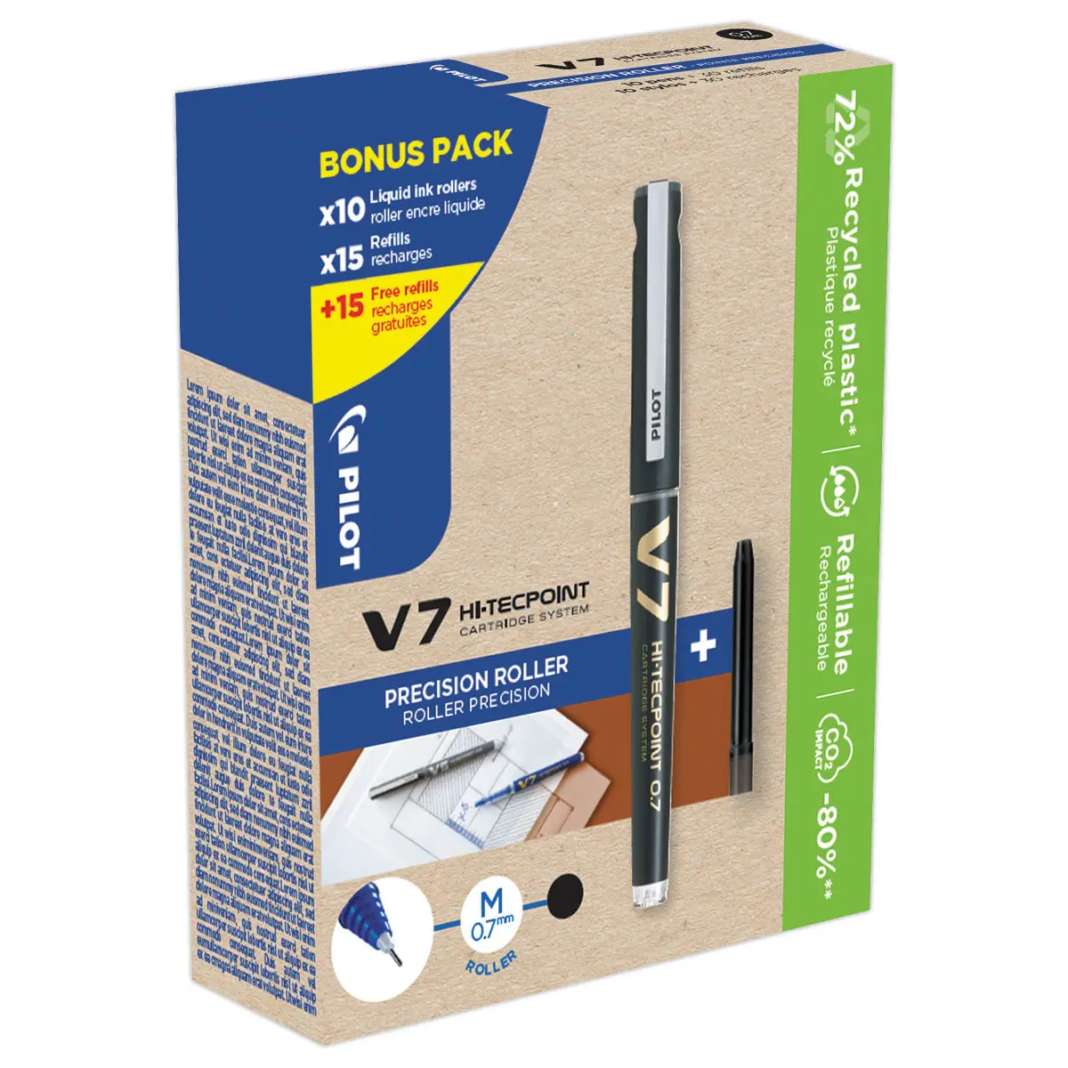 10 Rollers PILOT V7 + 30 recharges (dont la moiti&eacute; gratuites) - noir 