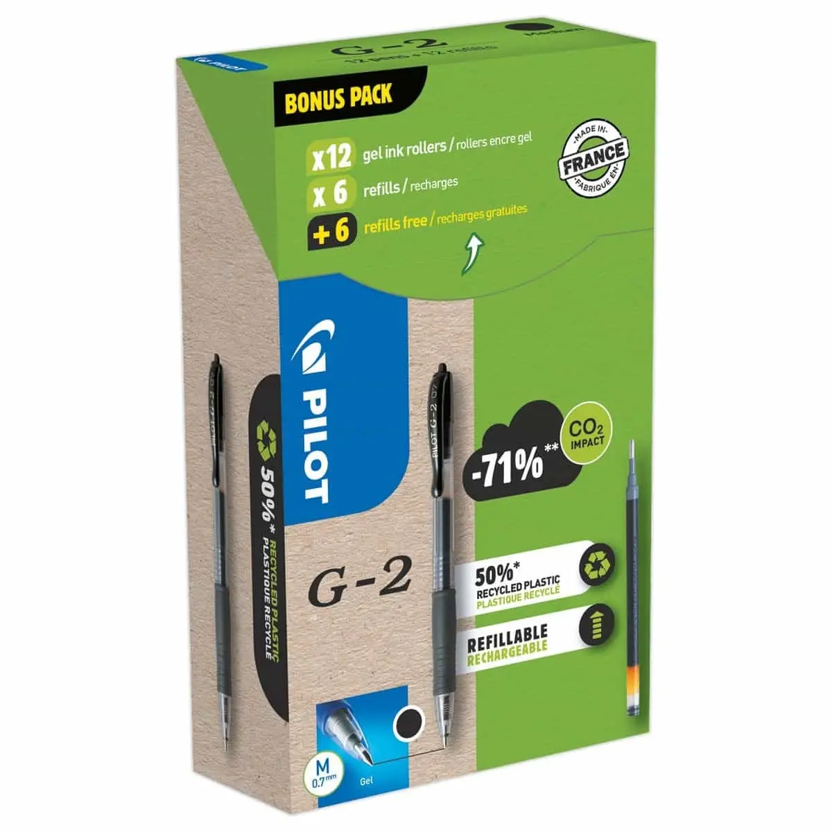 12 Stylos bille gel rétractable G2 + 12 (dont 6 gratuites) recharges - Noir - PILOT