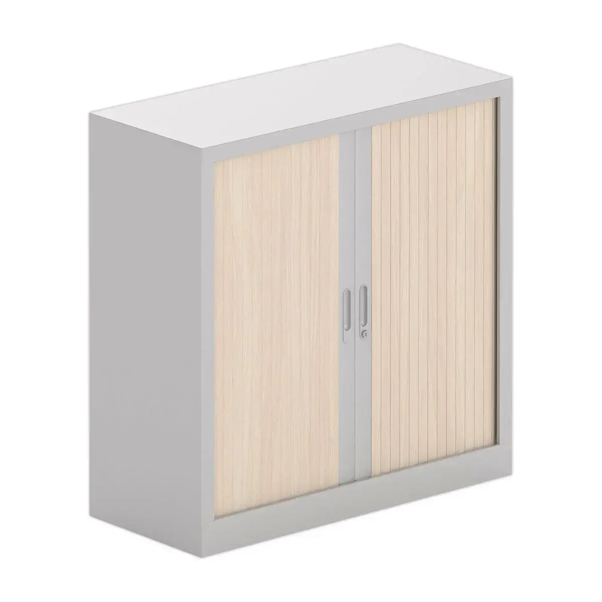 Armoire basse à rideaux métalliques - 100 x 100 cm - Alu et acacia clair