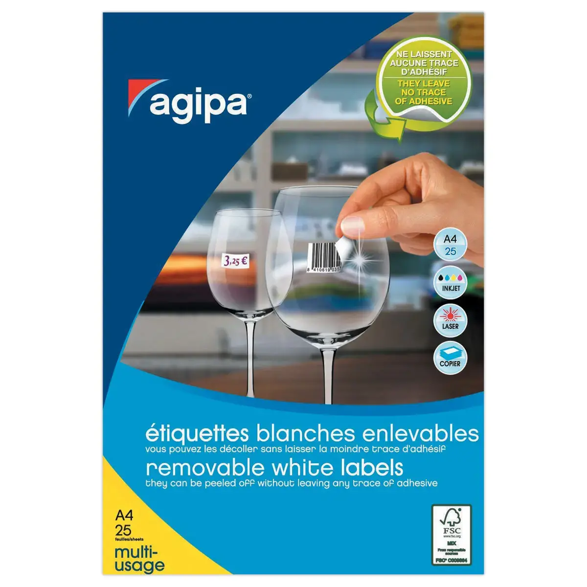 25 Planches d'étiquettes enlevables laser45,7x21,2 mm 1200 étiq/boîte